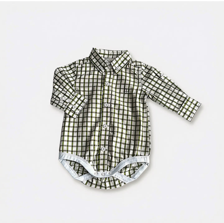 Baby Boys Oxford Shirt Romper - Olive Check
