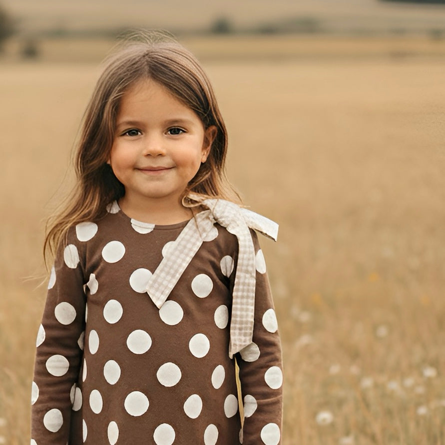 Girls Mary Dress -  Brown/White Spot