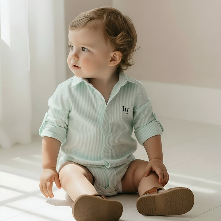 Baby Boys Oxford Dress Shirt Romper -  Mint Pinstripe 26