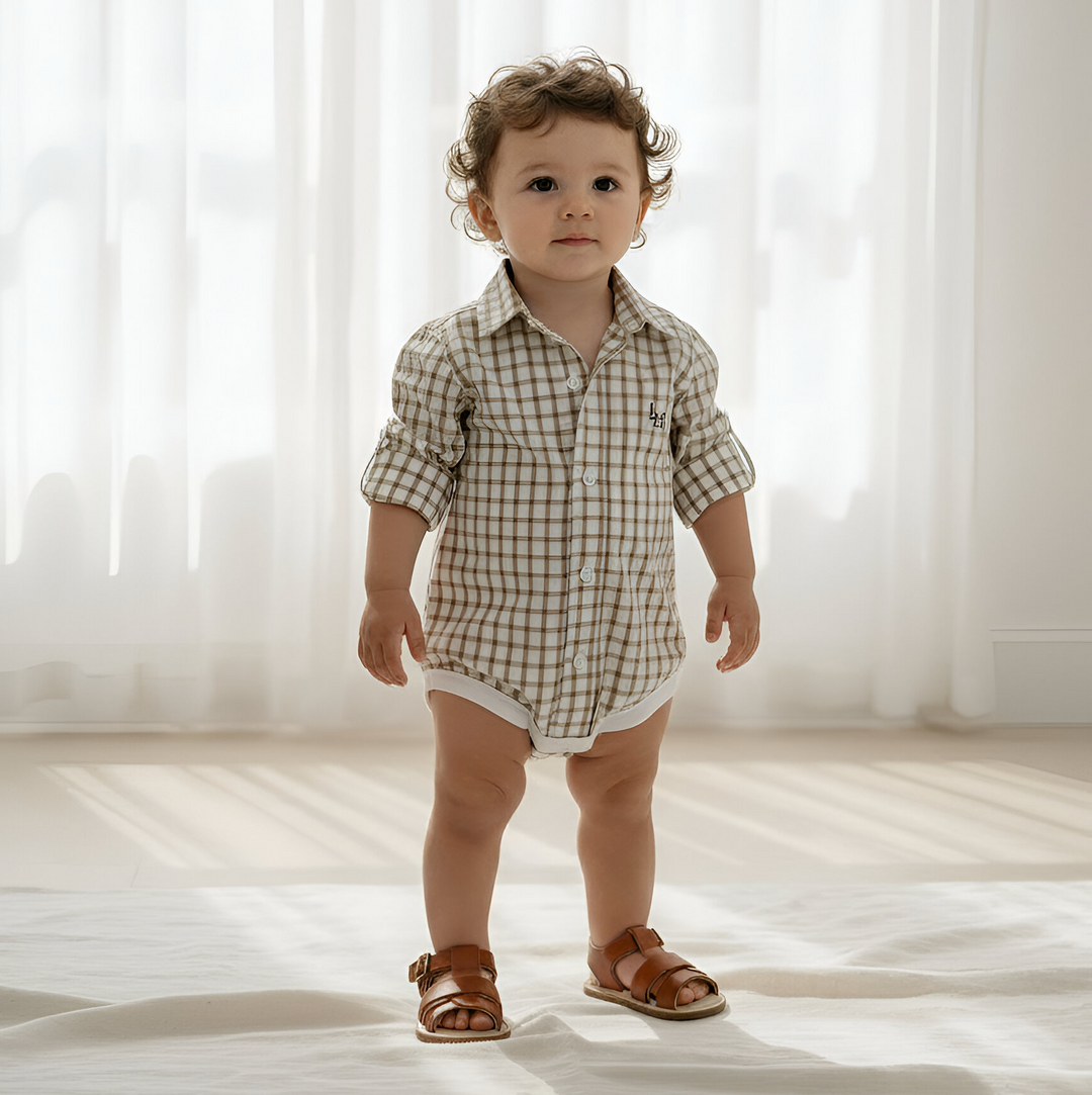 Baby Boys Oxford Dress Shirt Romper -  Tan Check 26
