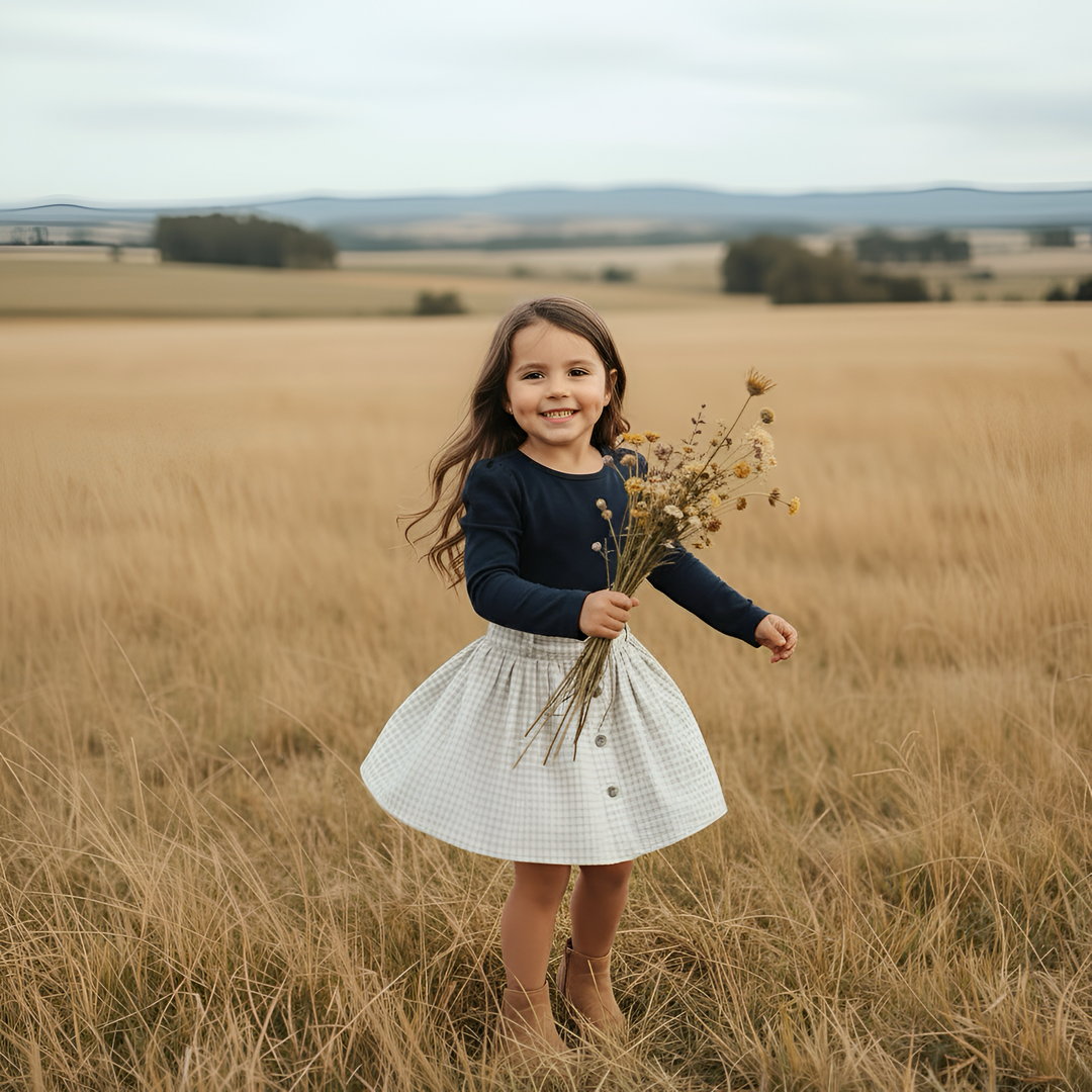 Girls Full Button Skirt - Beige Gingham