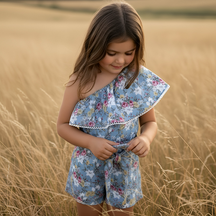 Girls Rosie One-Shoulder Playsuit - Blue Blossom