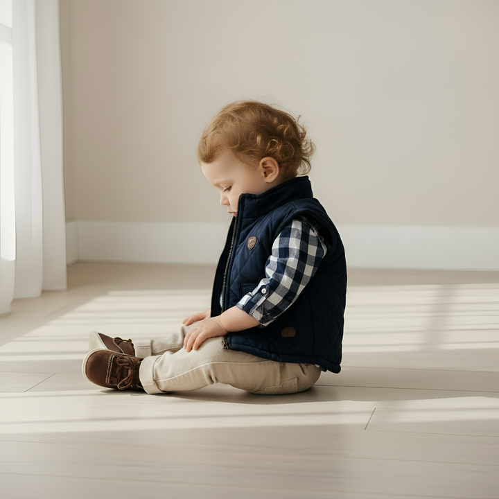 Baby Boys Dress Shirt Romper -  Large Navy Check