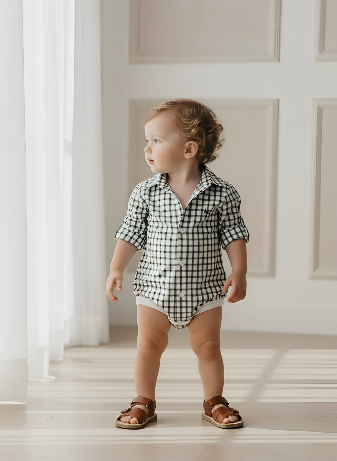 Baby Boys Oxford Dress Shirt Romper -  Green Check 26