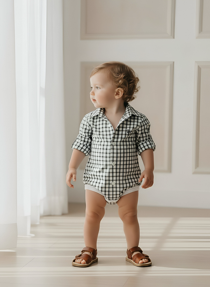 Baby Boys Oxford Dress Shirt Romper -  Green Check 26