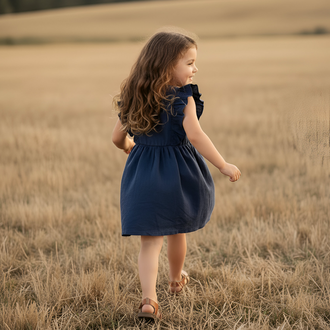Girls Florence Summer Dress - Navy Linen