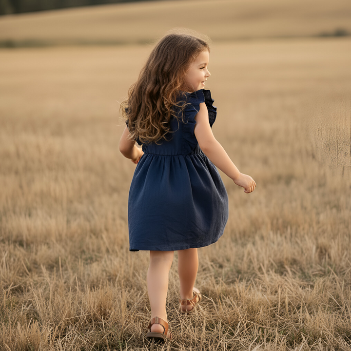 Girls Florence Summer Dress - Navy Linen