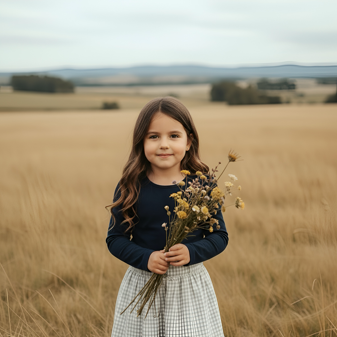Girls Full Button Skirt - Beige Gingham