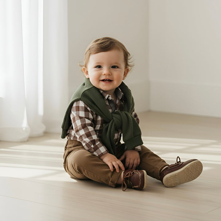 Baby Boys Dress Shirt Romper -  Large Chestnut Check