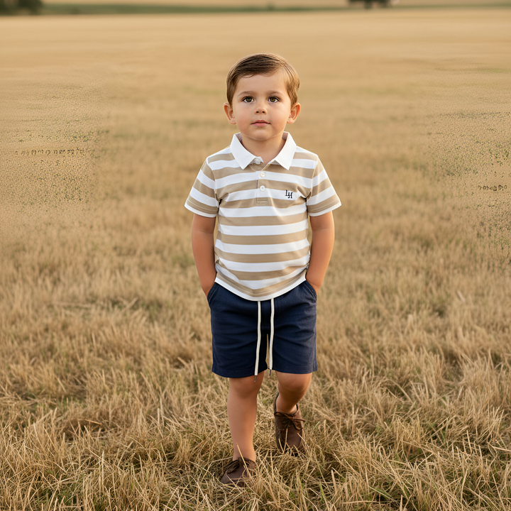 Boys Rugby Polo Shirt - Beige Stripe
