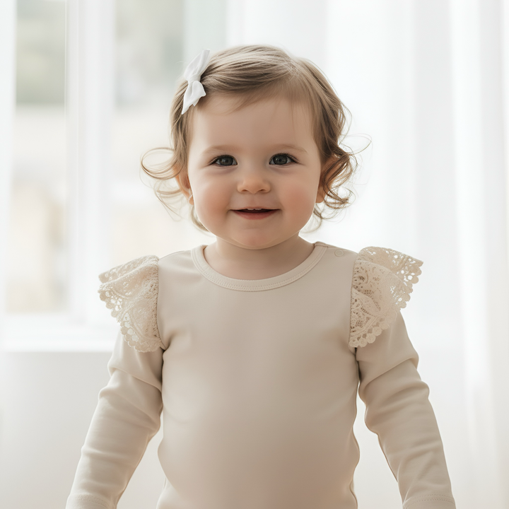 Baby Girls Lace Sleeve Romper - Beige