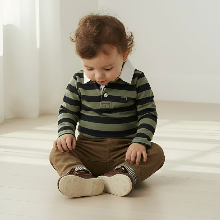 Baby Boys Freddie Polo Romper - Olive/Navy Stripe