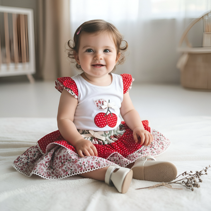 Baby Girls Applique Top - Red Cherries
