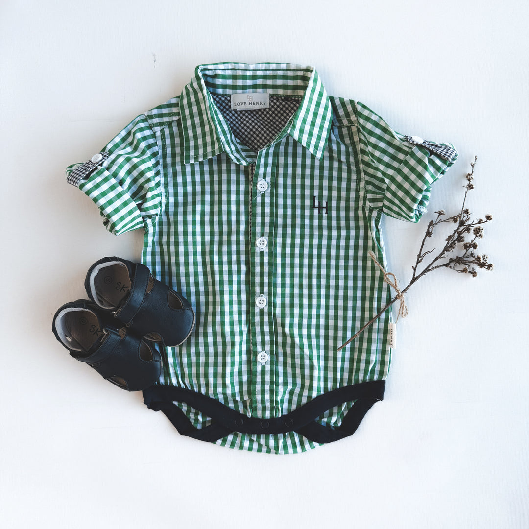 Baby Boys Dress Shirt Romper -  Bright Green Check