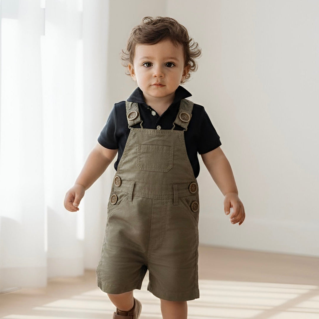 Baby Boys Roy Dungaree - Olive Brown Linen