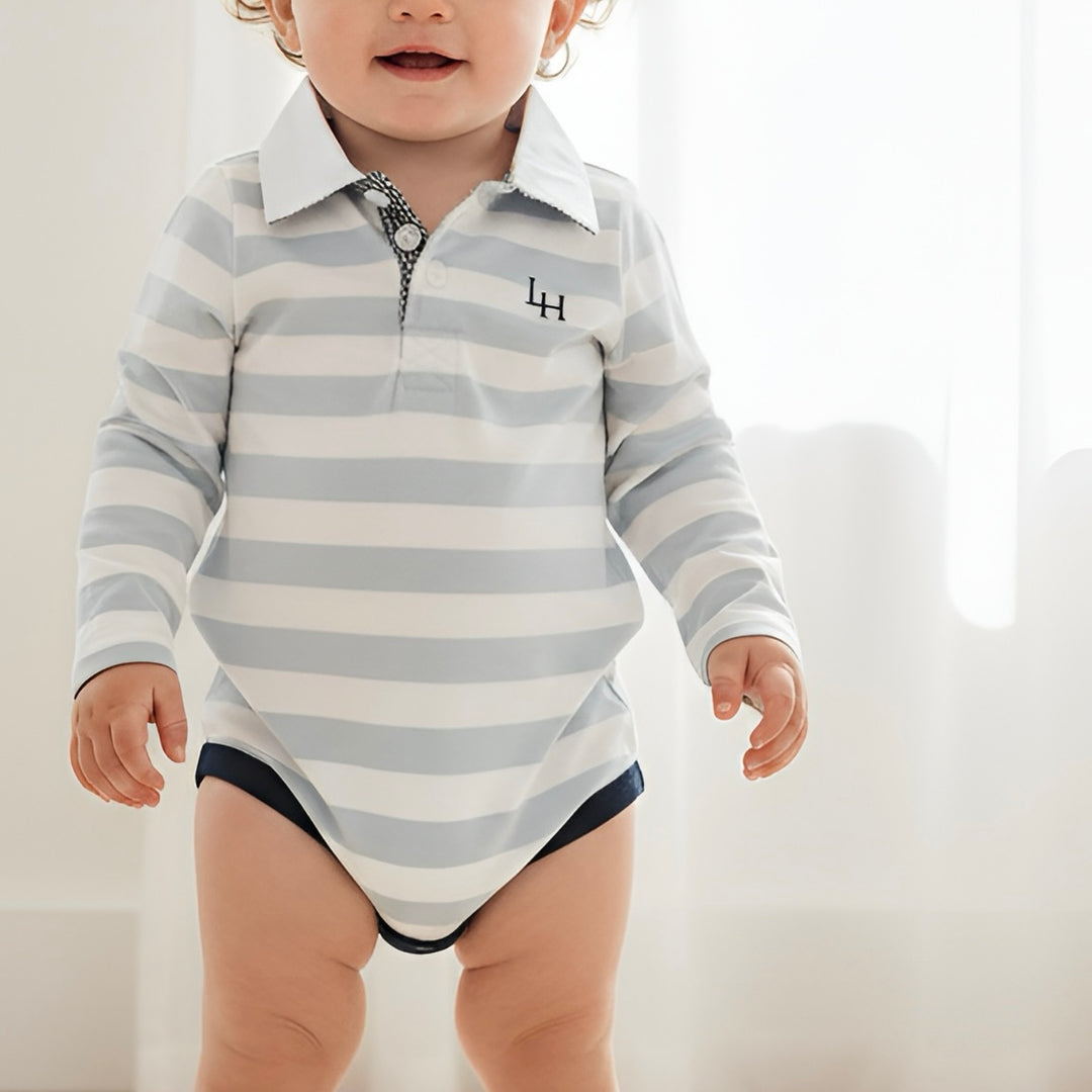 Baby Boys Freddie Polo Romper - Blue Stripe