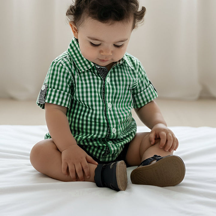 Baby Boys Dress Shirt Romper -  Bright Green Check