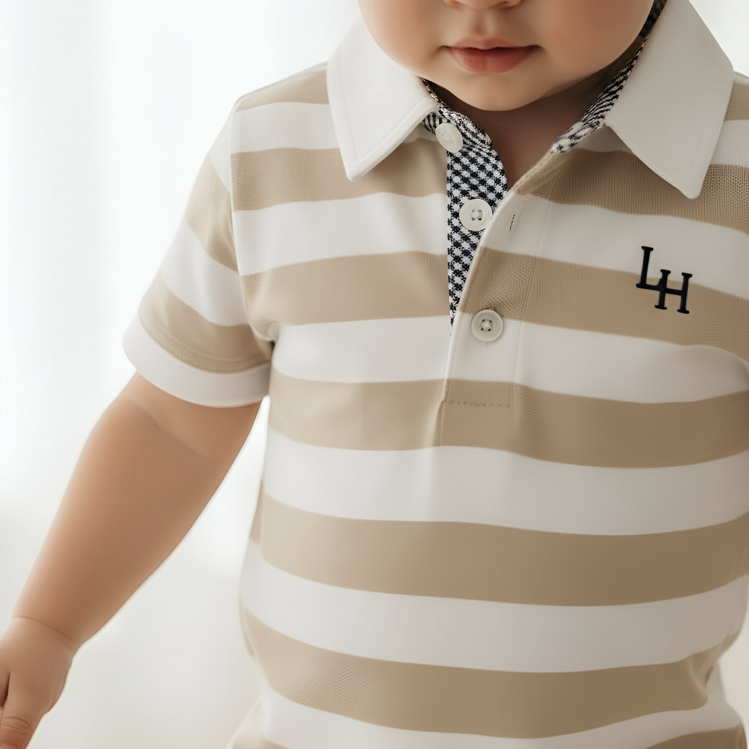 Baby Boys Rugby Polo Romper - Beige Stripe