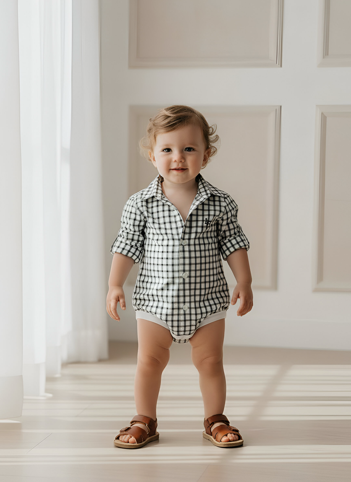 Baby Boys Oxford Dress Shirt Romper -  Green Check 26