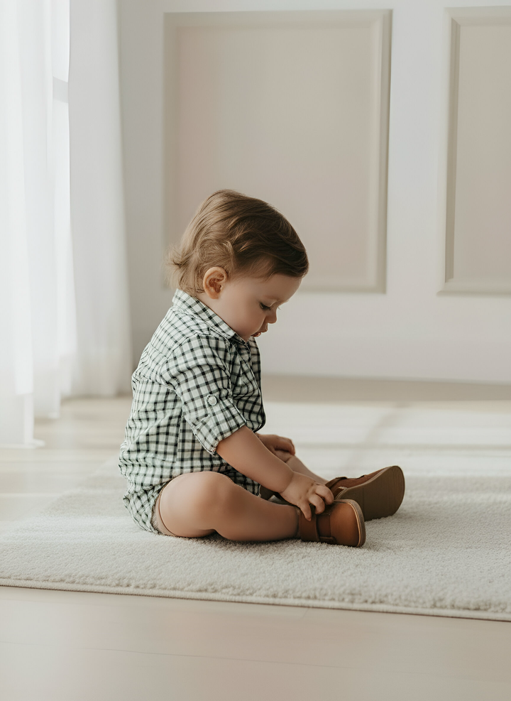 Baby Boys Oxford Dress Shirt Romper -  Green Check 26