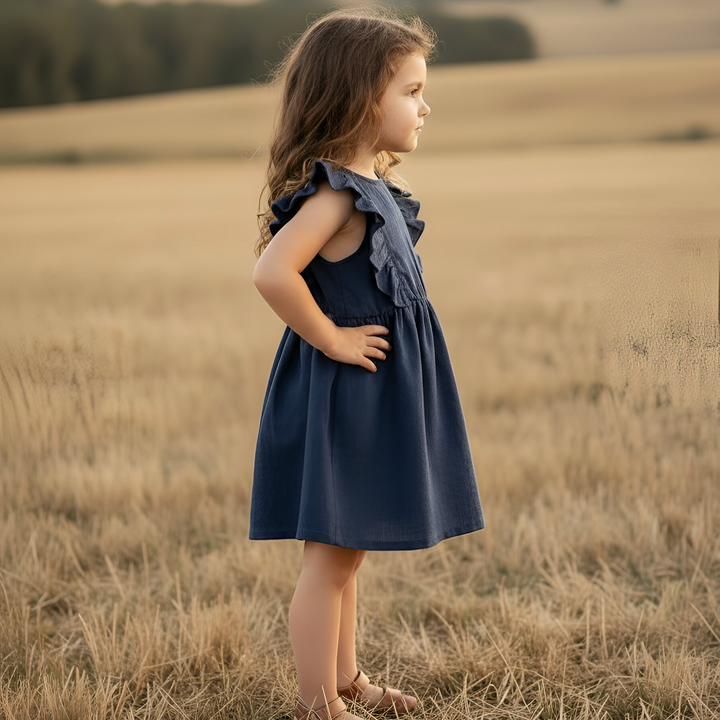 Girls Florence Summer Dress - Navy Linen