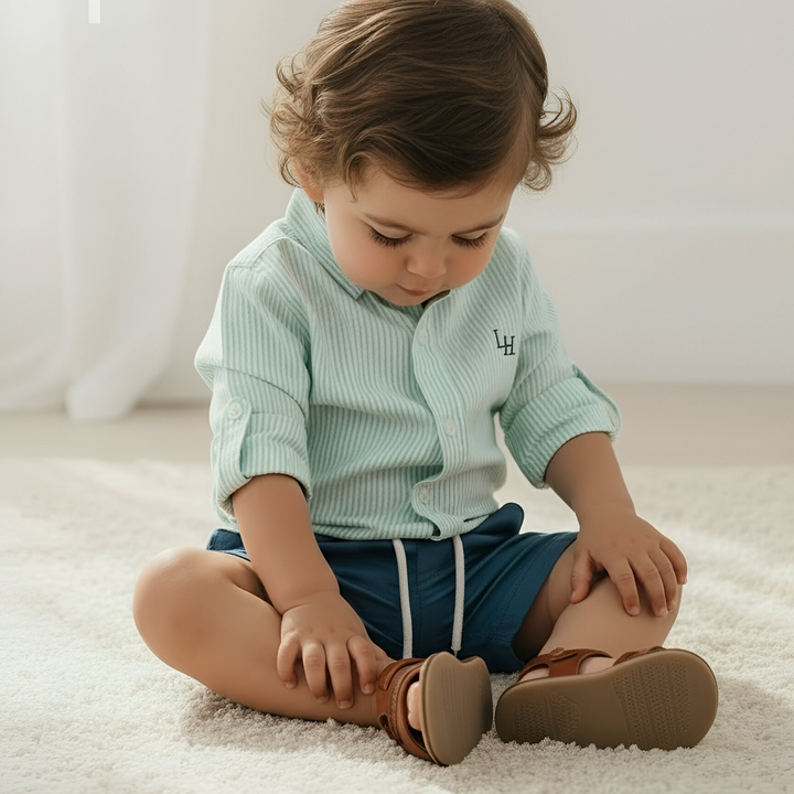 Baby Boys Oxford Dress Shirt Romper -  Mint Pinstripe 26