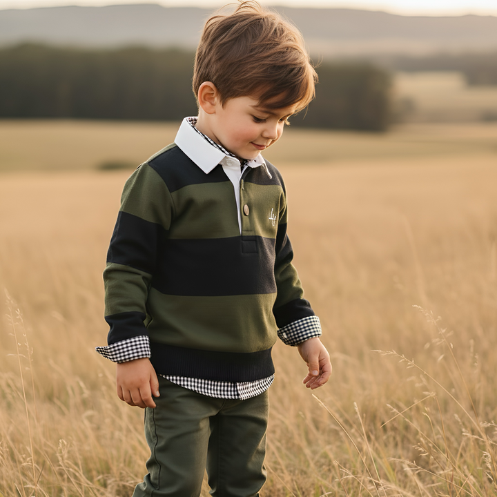 Boys Freddie Rugby Polo - Dark Olive/Navy