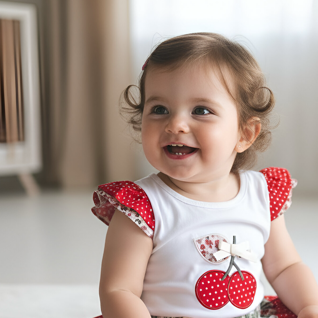 Baby Girls Applique Top - Red Cherries