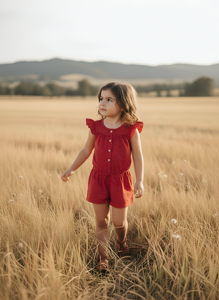 Girls Chloe Playsuit -  Red Polka Dots