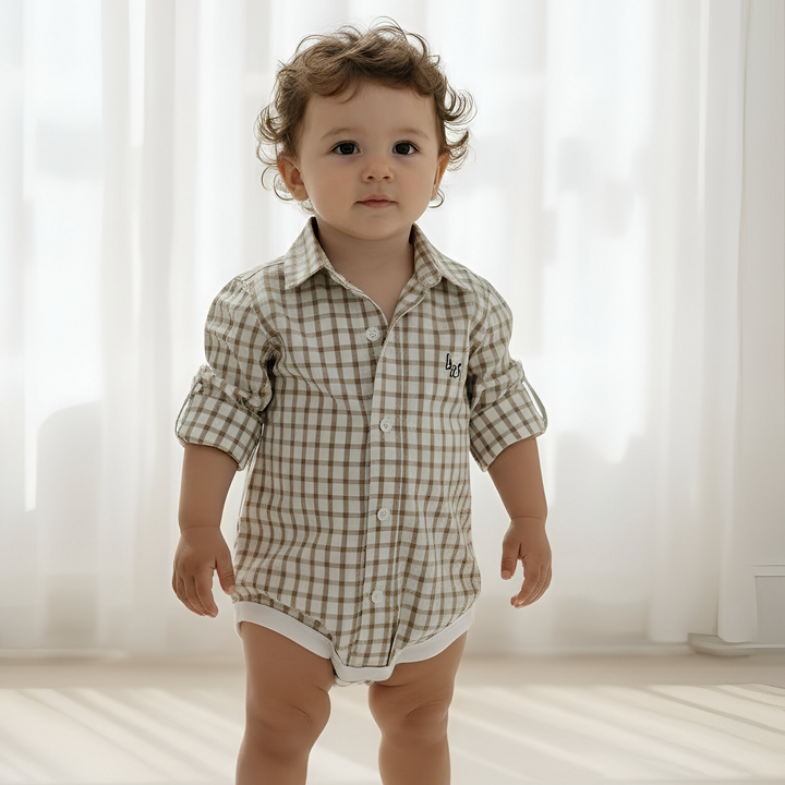 Baby Boys Oxford Dress Shirt Romper -  Tan Check 26