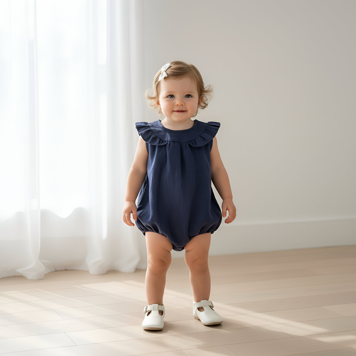 Baby Girls Neve Playsuit - Navy Linen