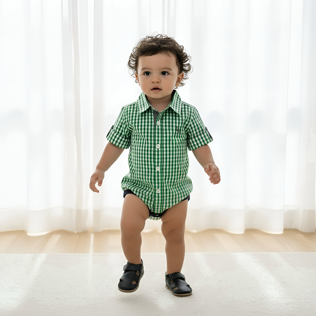 Baby Boys Dress Shirt Romper -  Bright Green Check