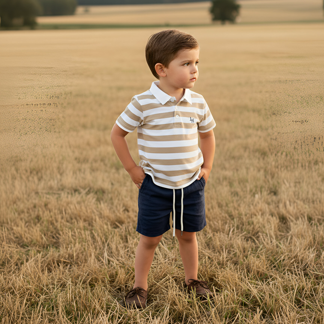 Boys Rugby Polo Shirt - Beige Stripe
