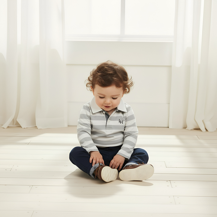 Baby Boys Freddie Polo Romper - Blue Stripe
