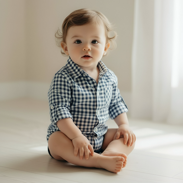 Baby Boys Dress Shirt Romper -  Blue Check 26