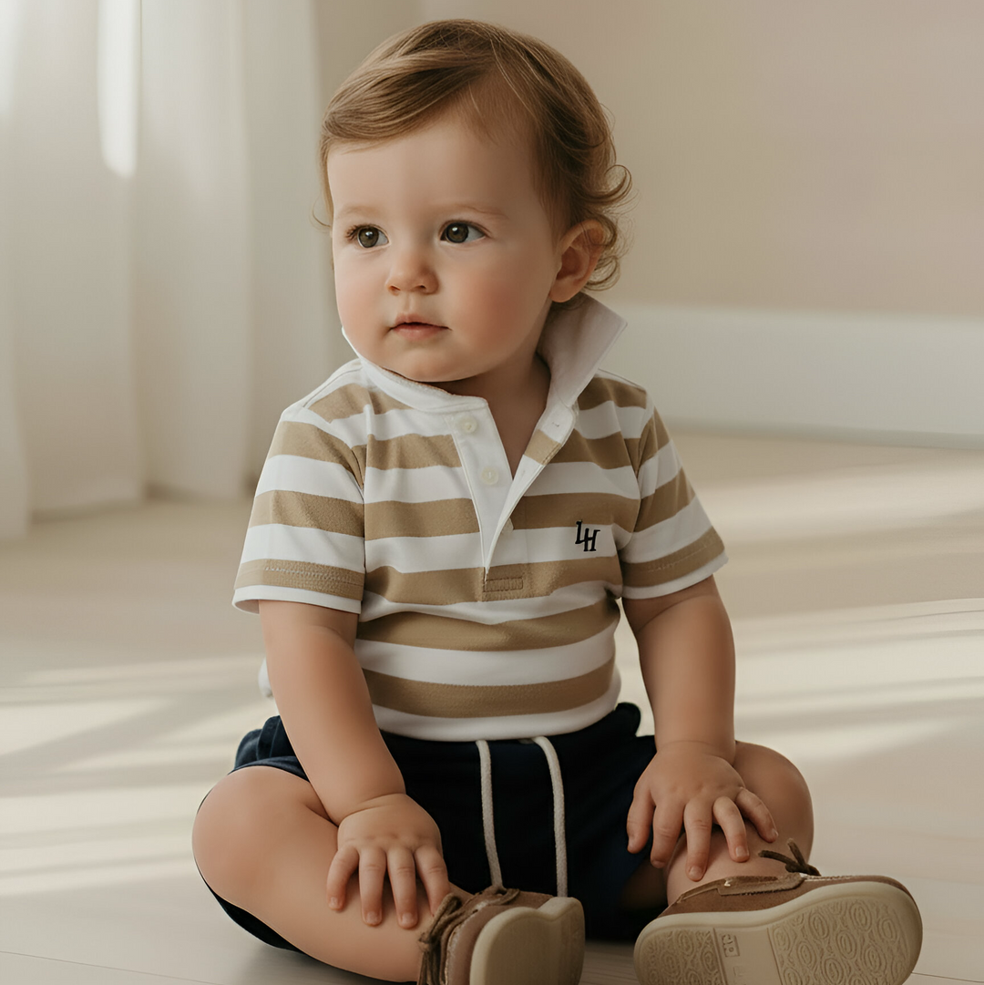Baby Boys Rugby Polo Romper - Beige Stripe