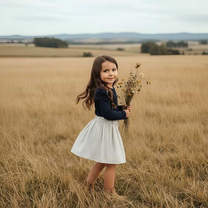 Girls Full Button Skirt - Beige Gingham