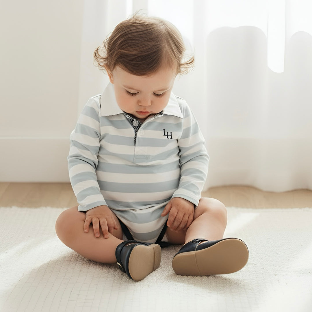 Baby Boys Freddie Polo Romper - Blue Stripe