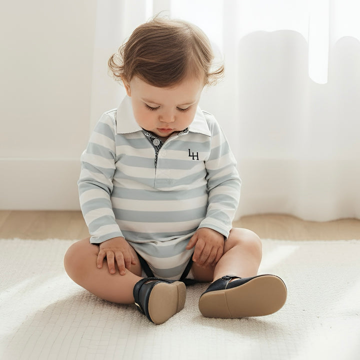 Baby Boys Freddie Polo Romper - Blue Stripe