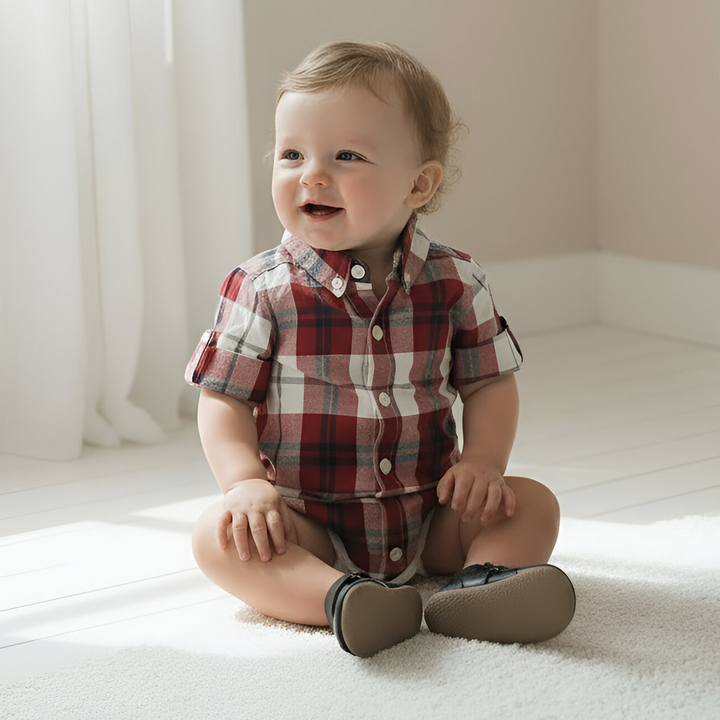 Baby Boys Dress Shirt Romper -  Red Plaid 26