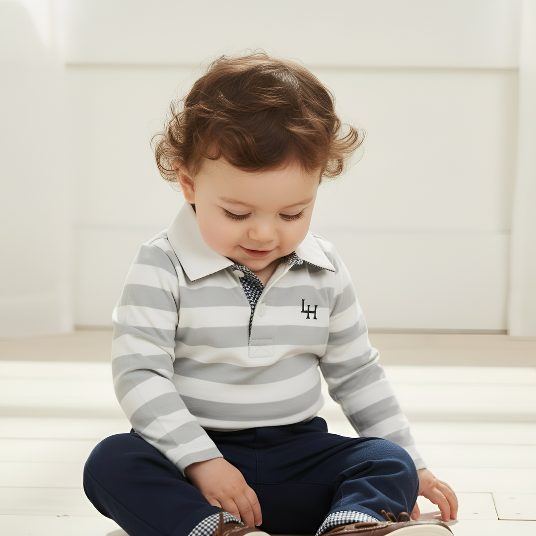Baby Boys Freddie Polo Romper - Blue Stripe