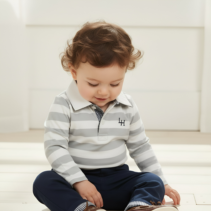 Baby Boys Freddie Polo Romper - Blue Stripe