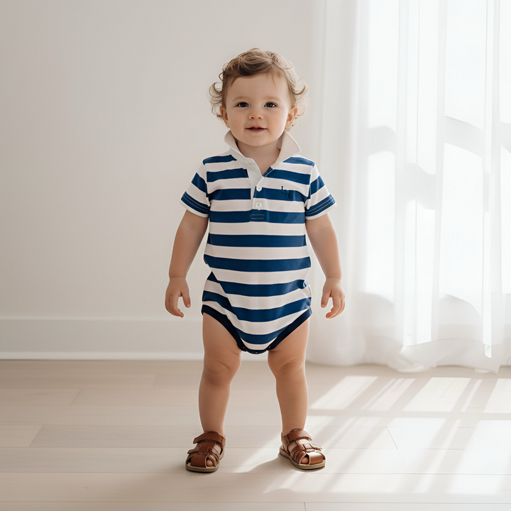 Baby Boys Rugby Polo Romper - Blue Stripe 26