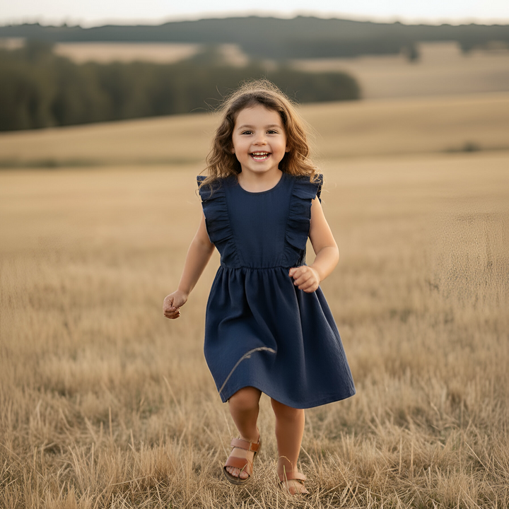 Girls Florence Summer Dress - Navy Linen