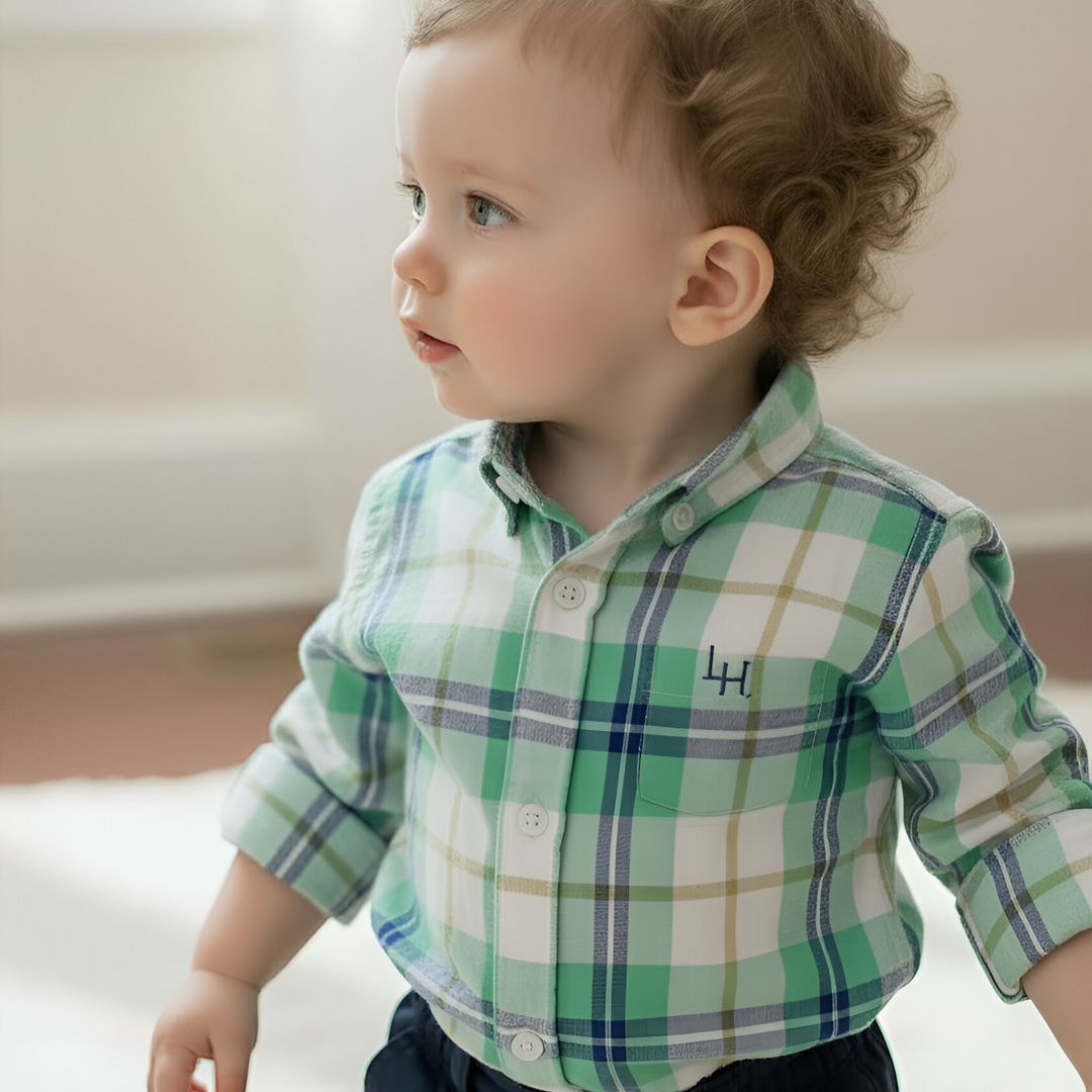 Baby Boys Dress Shirt Romper - Aqua Plaid 26