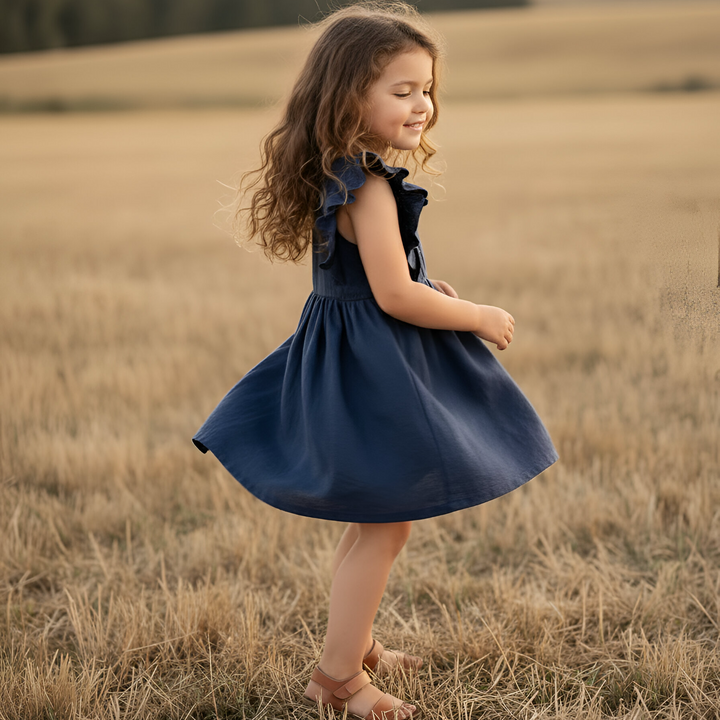 Girls Florence Summer Dress - Navy Linen