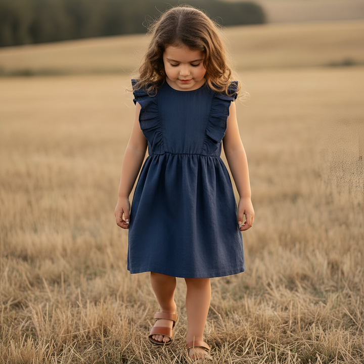 Girls Florence Summer Dress - Navy Linen
