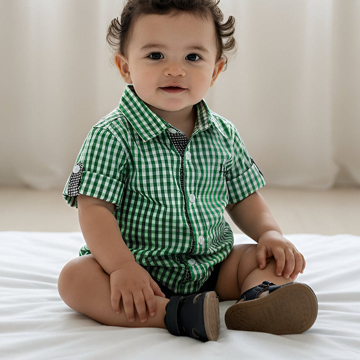 Baby Boys Dress Shirt Romper -  Bright Green Check