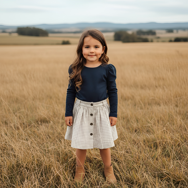Girls Full Button Skirt - Beige Gingham