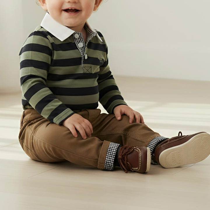 Baby Boys Freddie Polo Romper - Olive/Navy Stripe